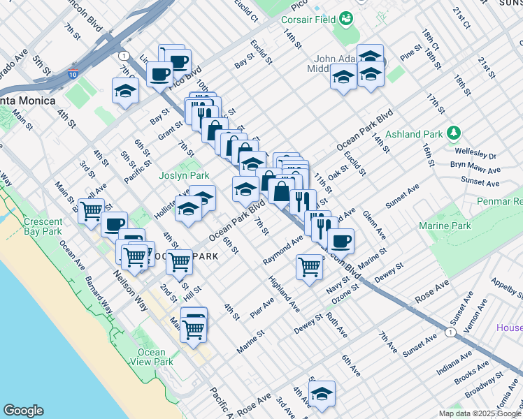map of restaurants, bars, coffee shops, grocery stores, and more near 711 Ocean Park Boulevard in Santa Monica