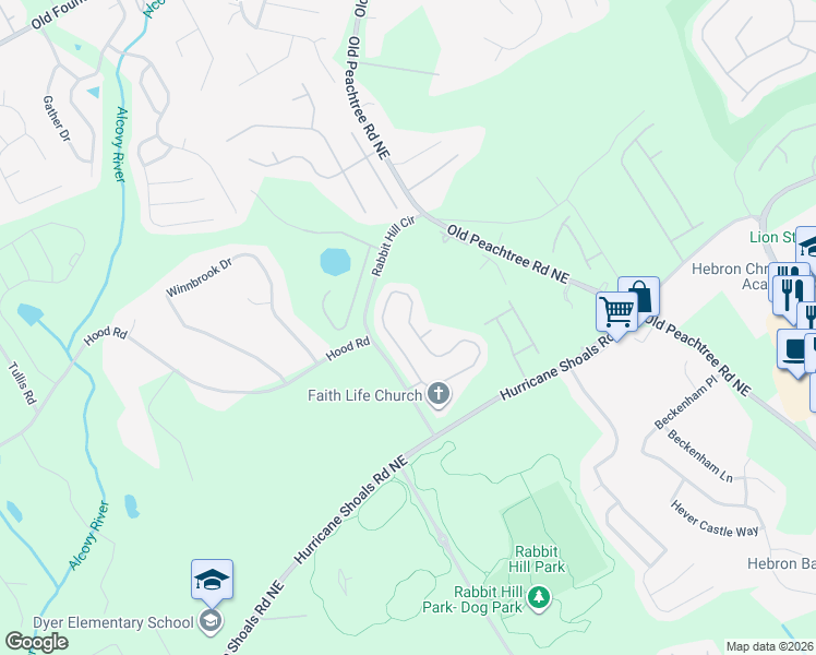map of restaurants, bars, coffee shops, grocery stores, and more near 2247 Peach Shoals Circle in Dacula