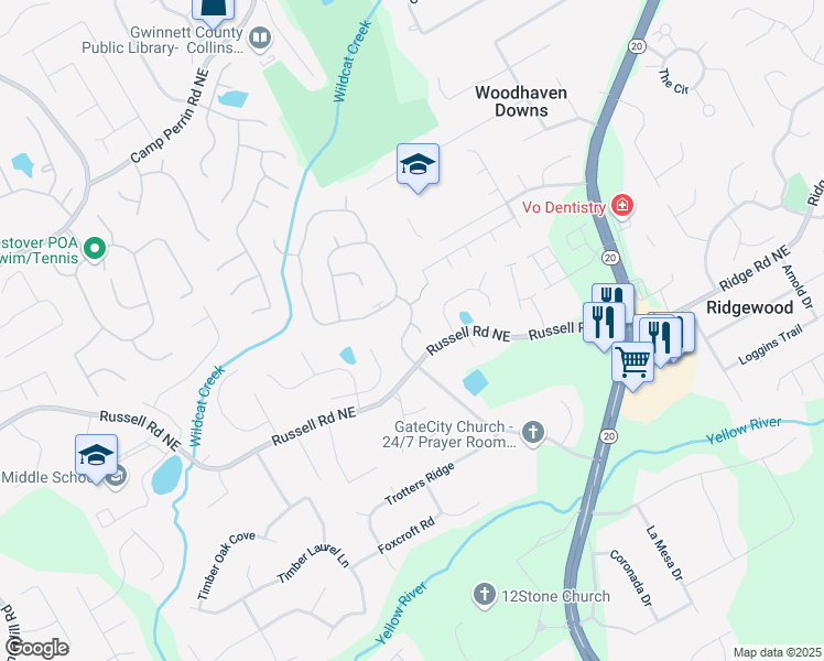 map of restaurants, bars, coffee shops, grocery stores, and more near 479 Rising Sun Path in Lawrenceville