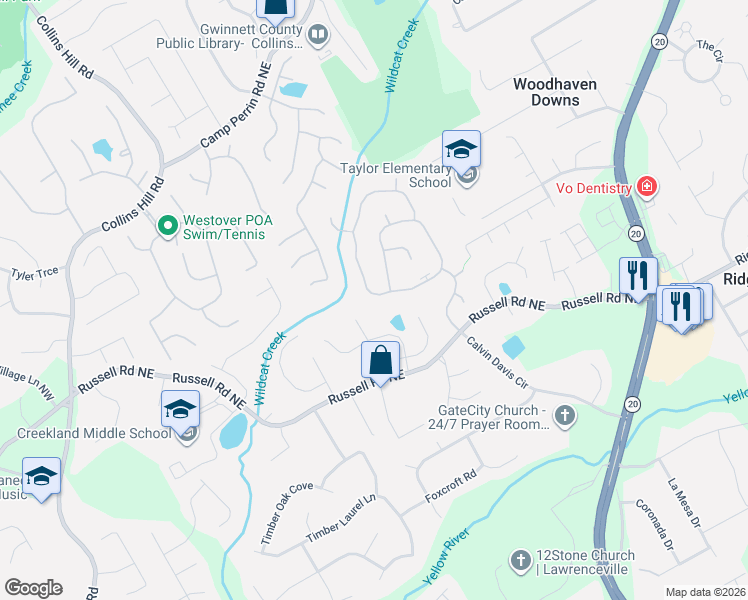 map of restaurants, bars, coffee shops, grocery stores, and more near 2090 Waters Ferry Drive in Lawrenceville