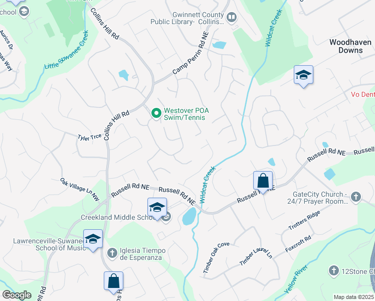 map of restaurants, bars, coffee shops, grocery stores, and more near 515 Rosedown Way in Lawrenceville
