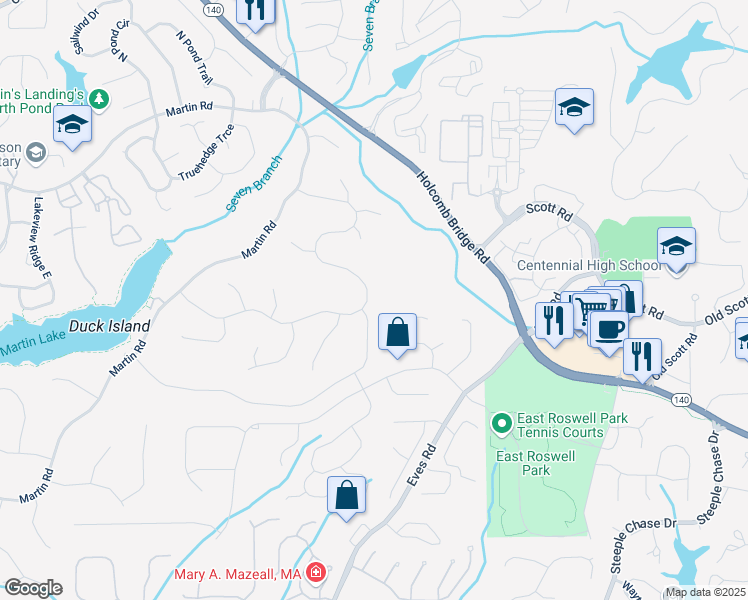 map of restaurants, bars, coffee shops, grocery stores, and more near 2075 Six Branches Drive in Roswell