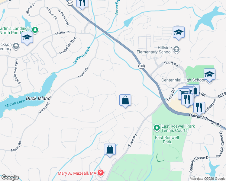 map of restaurants, bars, coffee shops, grocery stores, and more near 2060 Six Branches Drive in Roswell