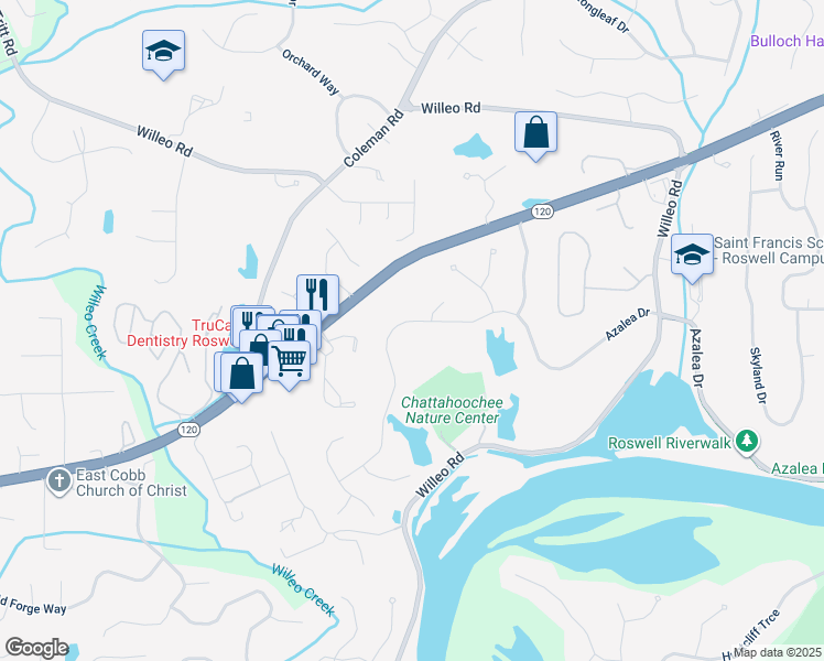 map of restaurants, bars, coffee shops, grocery stores, and more near 2075 Azalea Drive in Roswell