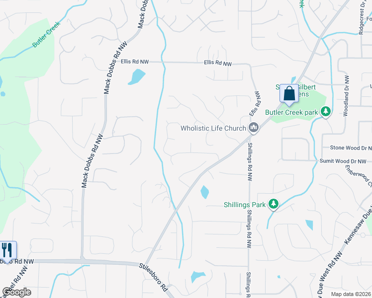 map of restaurants, bars, coffee shops, grocery stores, and more near 2001 Sunridge Court Northwest in Kennesaw