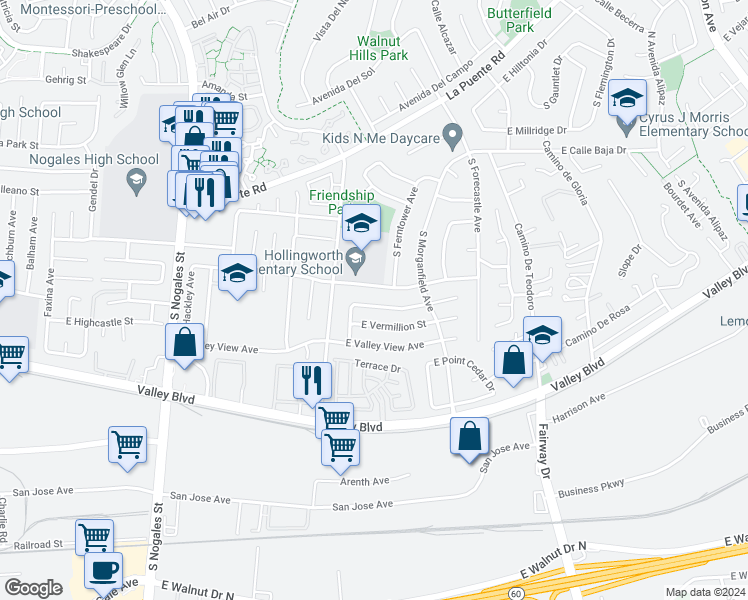 map of restaurants, bars, coffee shops, grocery stores, and more near 3023 East Merrygrove Street in West Covina