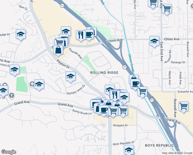 map of restaurants, bars, coffee shops, grocery stores, and more near 13562 Whispering Willow in Chino Hills