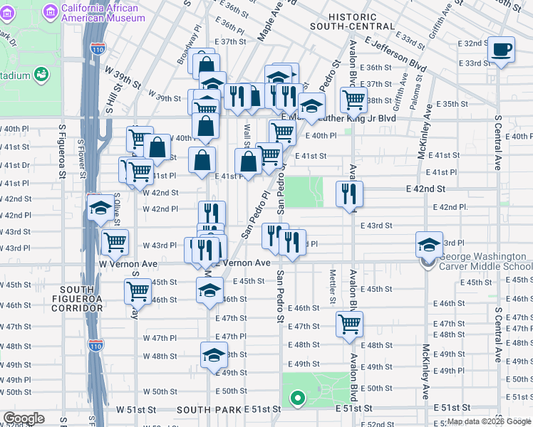 map of restaurants, bars, coffee shops, grocery stores, and more near 308 East 42nd Place in Los Angeles