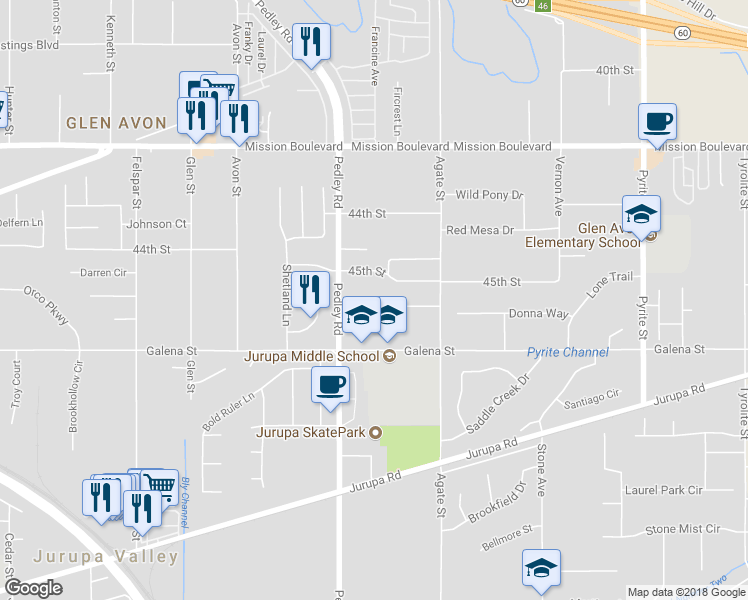 map of restaurants, bars, coffee shops, grocery stores, and more near 8753 Tourmaline Court in Riverside