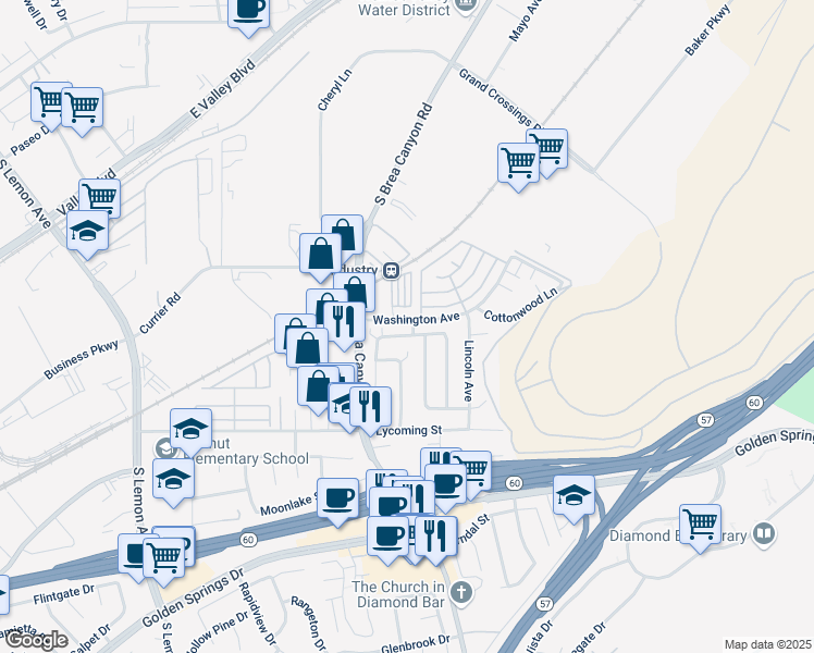 map of restaurants, bars, coffee shops, grocery stores, and more near 705 Windwood Drive in Walnut
