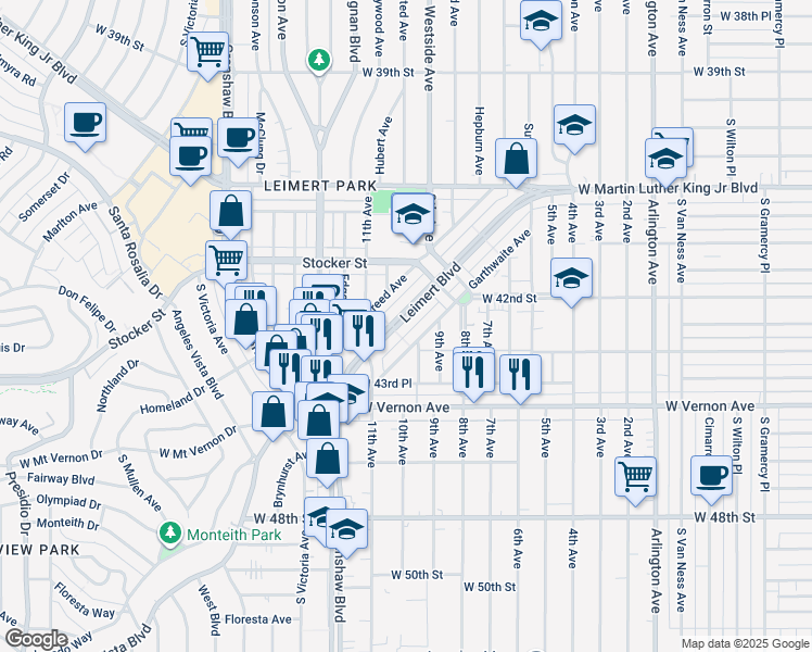 map of restaurants, bars, coffee shops, grocery stores, and more near 4280 Leimert Boulevard in Los Angeles