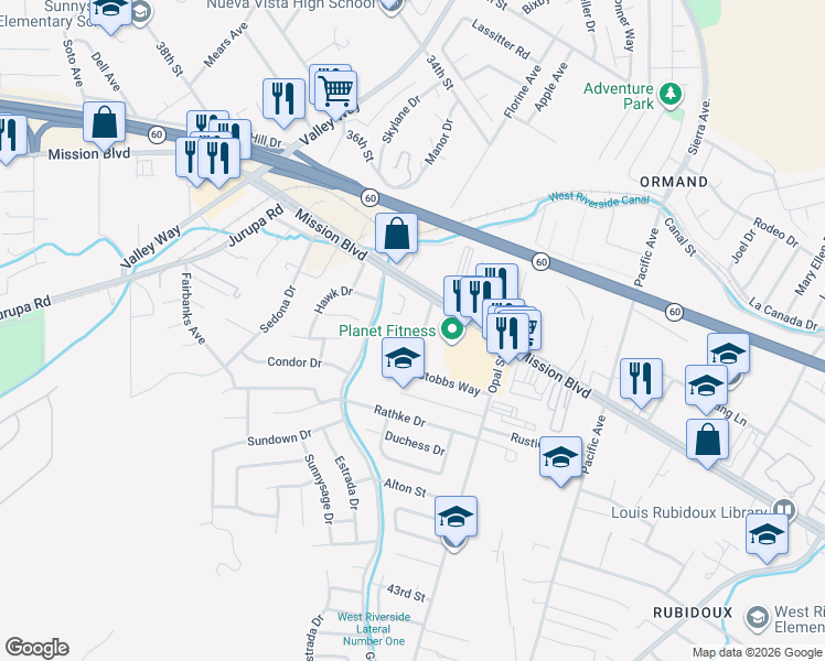 map of restaurants, bars, coffee shops, grocery stores, and more near 3855 Stobbs Way in Riverside