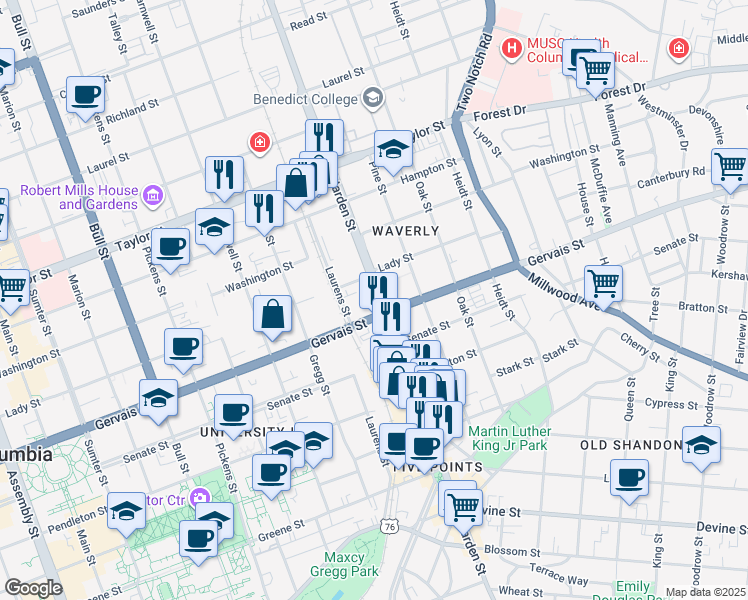 map of restaurants, bars, coffee shops, grocery stores, and more near 1225 Harden Street in Columbia