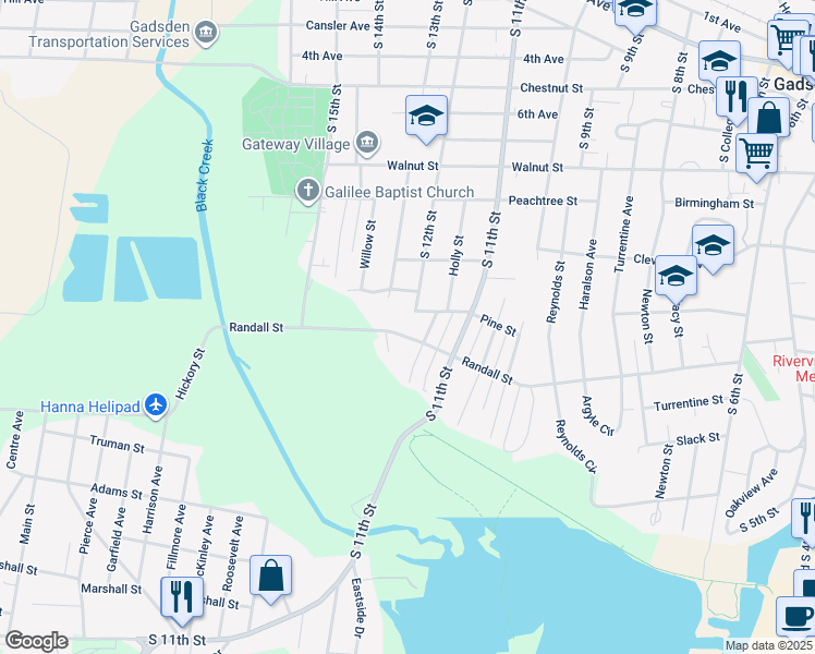 map of restaurants, bars, coffee shops, grocery stores, and more near 1209 Randall Street in Gadsden