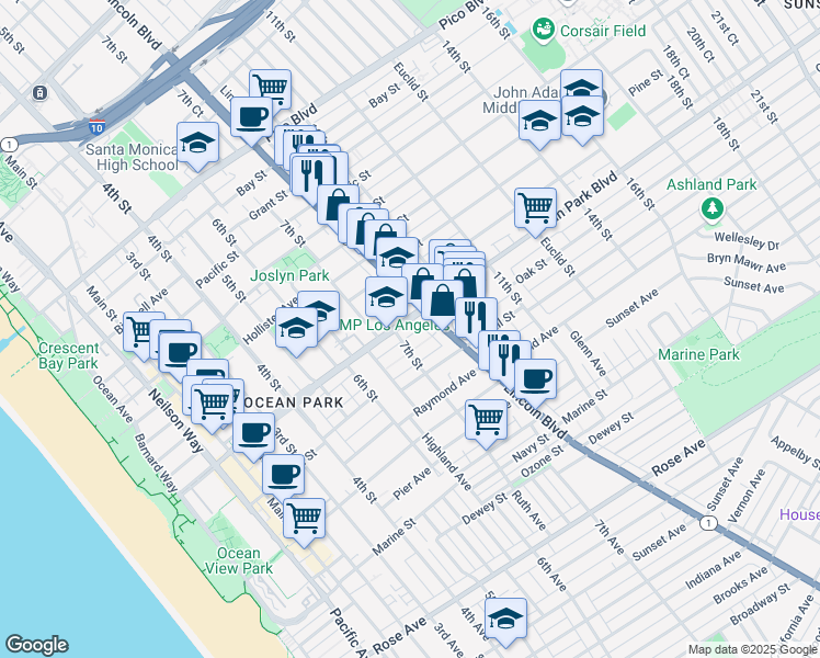 map of restaurants, bars, coffee shops, grocery stores, and more near 714 Ocean Park Boulevard in Santa Monica