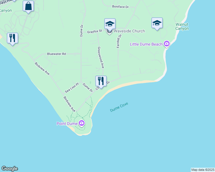 map of restaurants, bars, coffee shops, grocery stores, and more near 29066 Cliffside Drive in Malibu