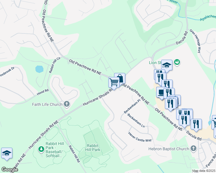 map of restaurants, bars, coffee shops, grocery stores, and more near 2995 Old Peachtree Road Northeast in Dacula