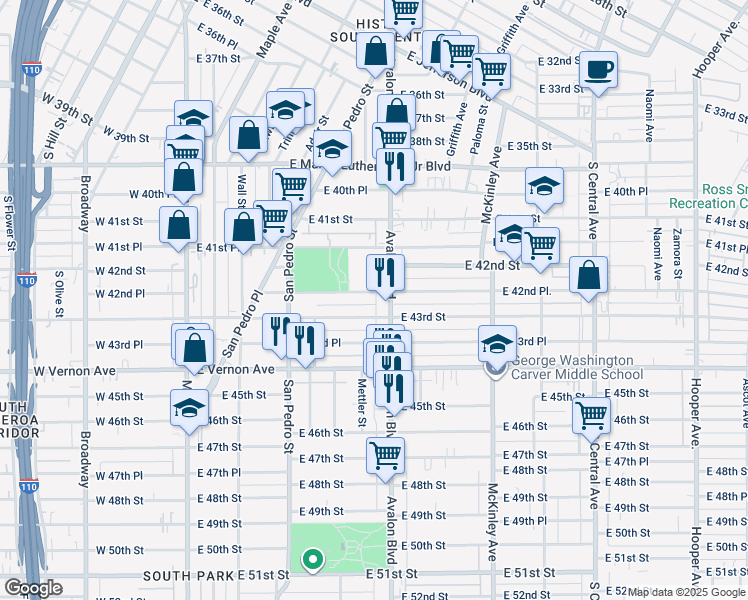 map of restaurants, bars, coffee shops, grocery stores, and more near 476 East 42nd Place in Los Angeles