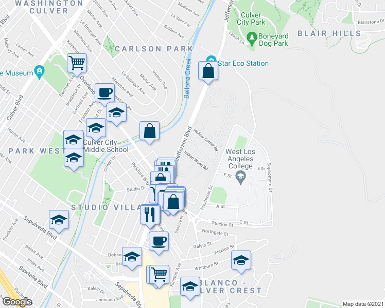 map of restaurants, bars, coffee shops, grocery stores, and more near 4919 Indian Wood Road in Culver City