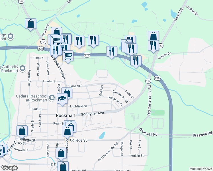 map of restaurants, bars, coffee shops, grocery stores, and more near 569 Lane Street in Rockmart