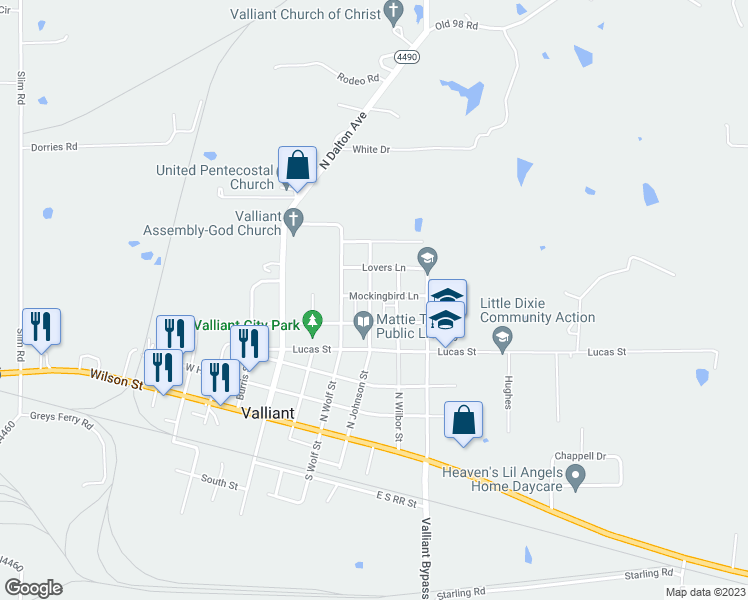 map of restaurants, bars, coffee shops, grocery stores, and more near 410 Johnson Street in Valliant