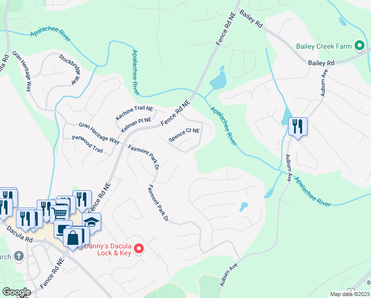 map of restaurants, bars, coffee shops, grocery stores, and more near 2750 Austin Ridge Drive Northeast in Dacula