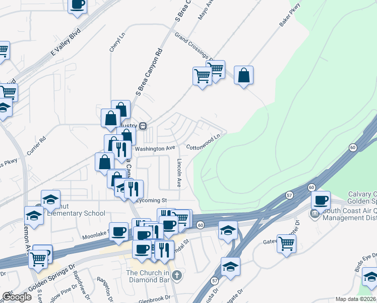 map of restaurants, bars, coffee shops, grocery stores, and more near 21239 Fibre Court in Walnut