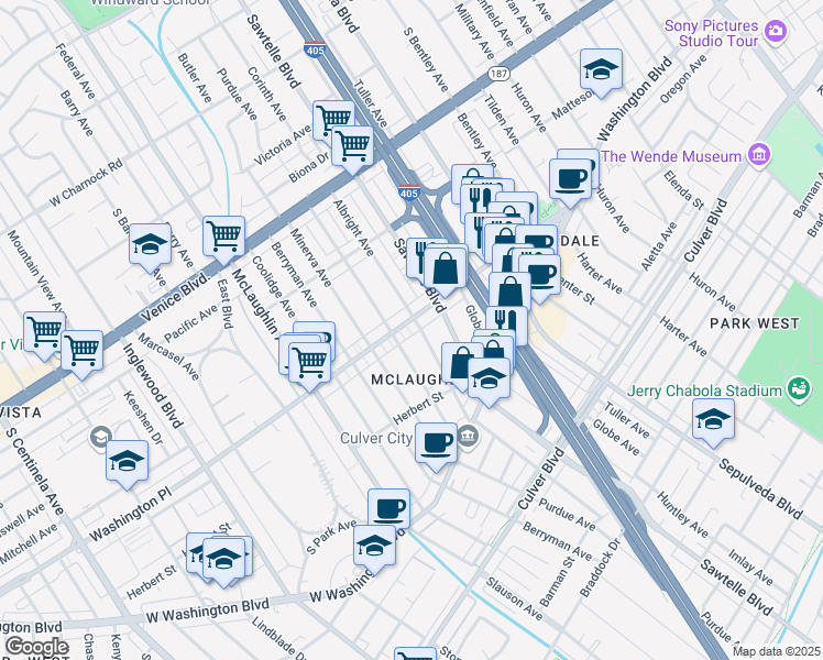 map of restaurants, bars, coffee shops, grocery stores, and more near 11358 Washington Place in Los Angeles