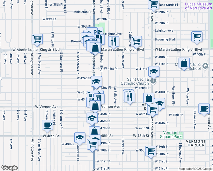 map of restaurants, bars, coffee shops, grocery stores, and more near 4224 South Harvard Boulevard in Los Angeles