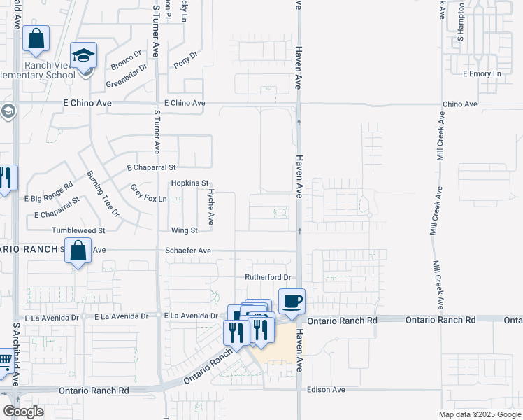 map of restaurants, bars, coffee shops, grocery stores, and more near 3384 East Tree Blossom Street in Ontario