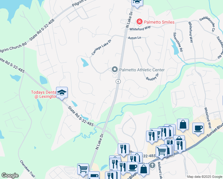 map of restaurants, bars, coffee shops, grocery stores, and more near 104 Hunters Trail in Lexington