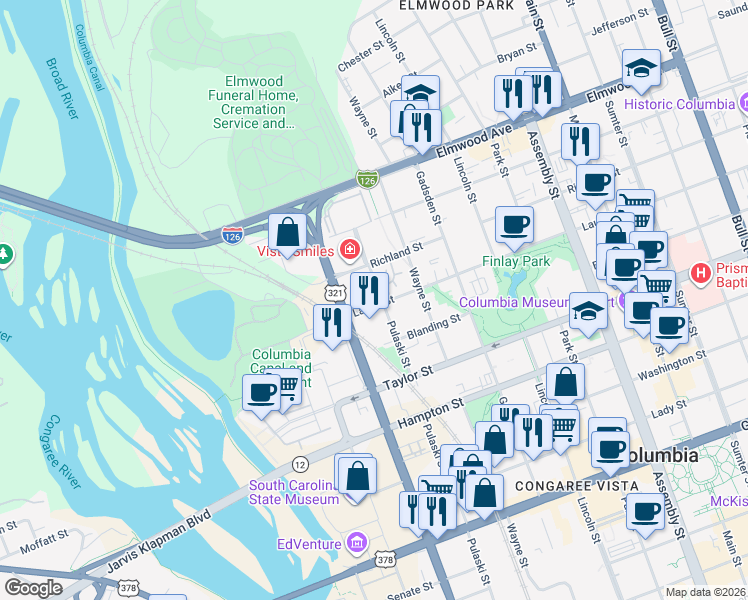 map of restaurants, bars, coffee shops, grocery stores, and more near 119 Arsenal Academy Place in Columbia
