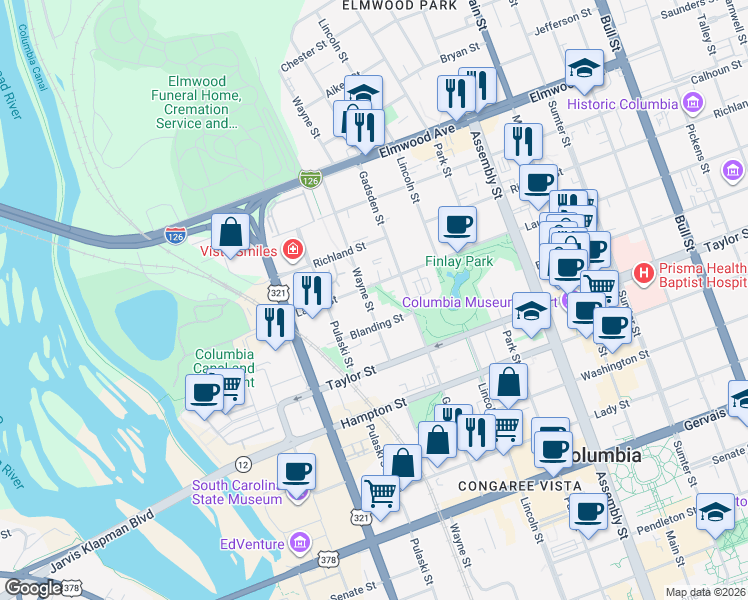map of restaurants, bars, coffee shops, grocery stores, and more near 1730 Wayne Street in Columbia