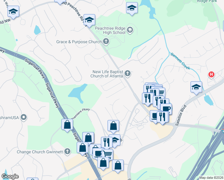 map of restaurants, bars, coffee shops, grocery stores, and more near 1682 Elesmere Oak Court Northwest in Duluth