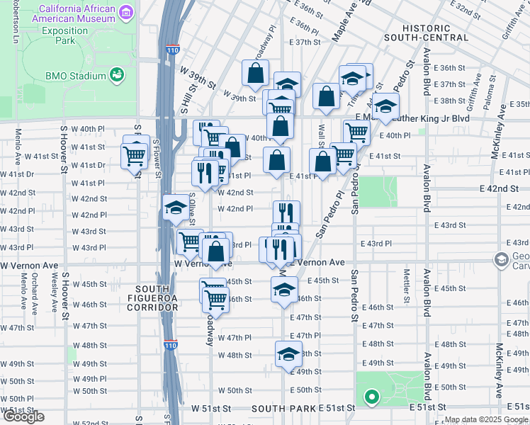 map of restaurants, bars, coffee shops, grocery stores, and more near 142 West 42nd Place in Los Angeles
