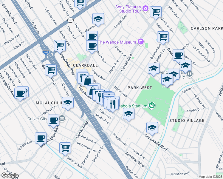 map of restaurants, bars, coffee shops, grocery stores, and more near 11116 Culver Boulevard in Culver City