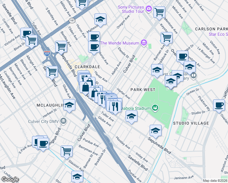 map of restaurants, bars, coffee shops, grocery stores, and more near 11116 Culver Boulevard in Culver City