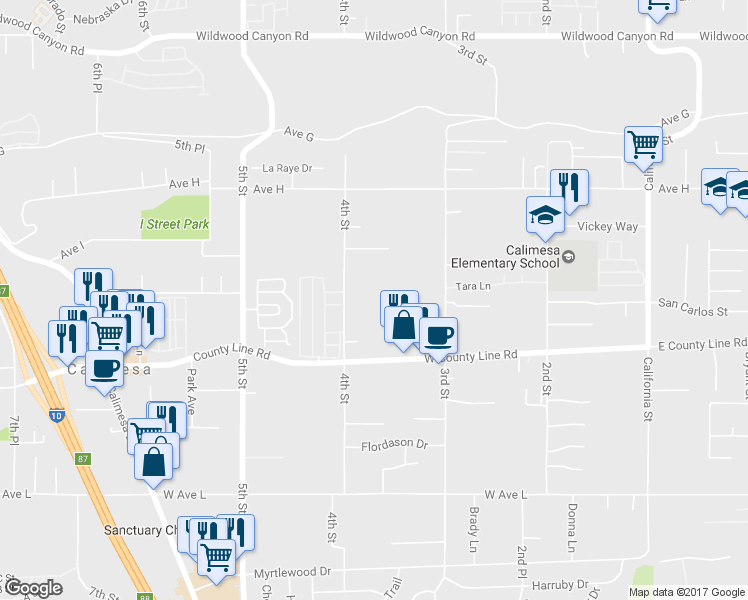 map of restaurants, bars, coffee shops, grocery stores, and more near 13617 4th Street in Yucaipa