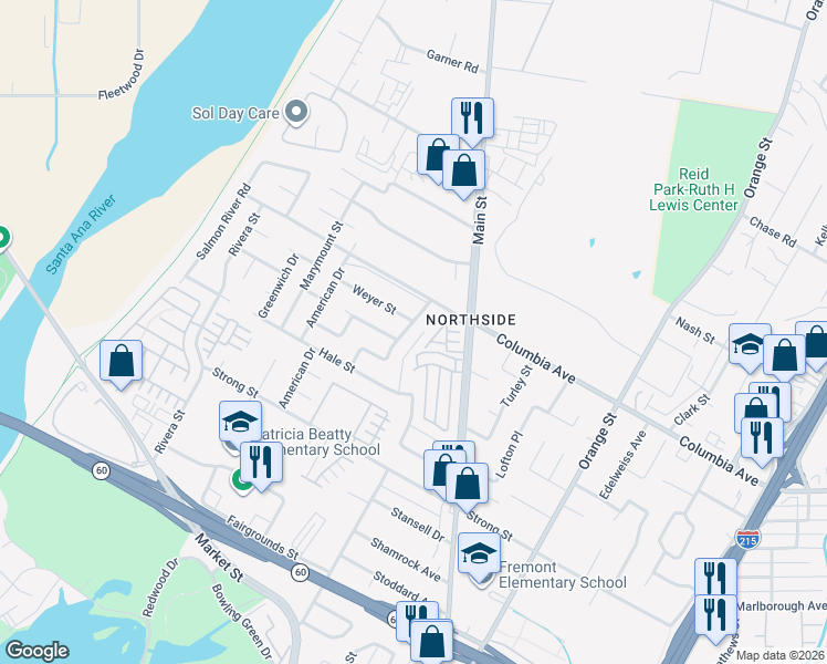 map of restaurants, bars, coffee shops, grocery stores, and more near 1298 Arthur Avenue in Riverside