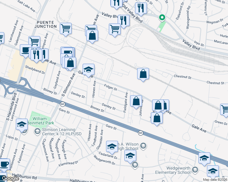 map of restaurants, bars, coffee shops, grocery stores, and more near 16302 Folger Street in Hacienda Heights