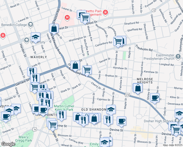 map of restaurants, bars, coffee shops, grocery stores, and more near 2463 Bratton Street in Columbia