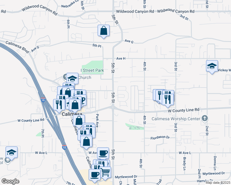 map of restaurants, bars, coffee shops, grocery stores, and more near 13625 5th Street in Yucaipa