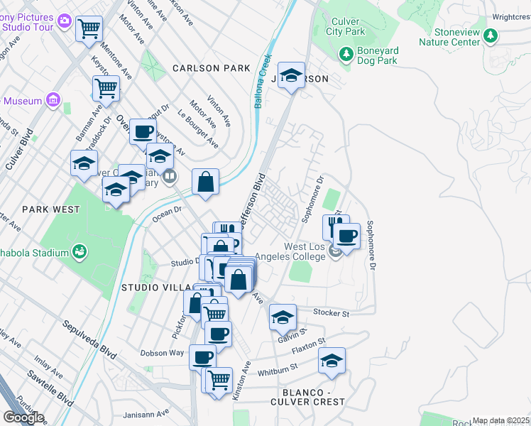 map of restaurants, bars, coffee shops, grocery stores, and more near 4903 Indian Wood Road in Culver City