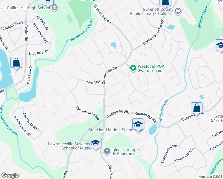 map of restaurants, bars, coffee shops, grocery stores, and more near 75 Foster Trace Drive in Lawrenceville