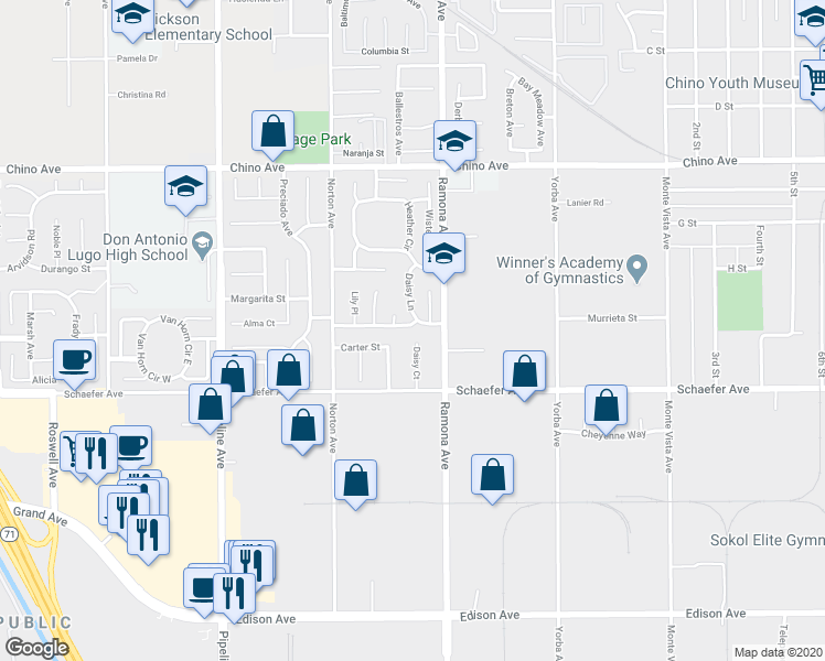 map of restaurants, bars, coffee shops, grocery stores, and more near 4439 Marigold Drive in Chino