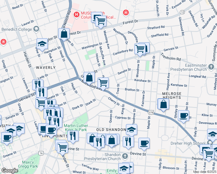 map of restaurants, bars, coffee shops, grocery stores, and more near N2463 Bratton Street in Columbia