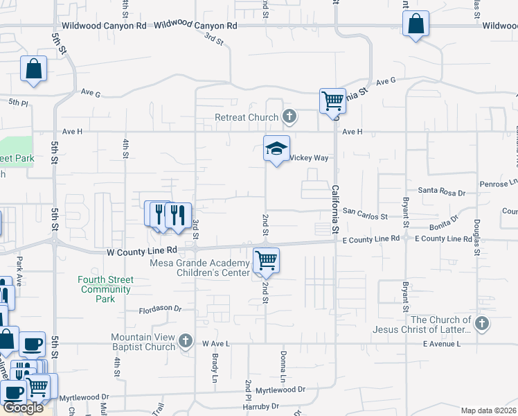 map of restaurants, bars, coffee shops, grocery stores, and more near 13626 2nd Street in Yucaipa