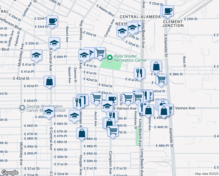 map of restaurants, bars, coffee shops, grocery stores, and more near 1474 East 42nd Street in Los Angeles