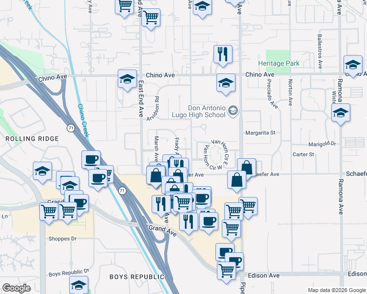map of restaurants, bars, coffee shops, grocery stores, and more near 13581 Soper Avenue in Chino