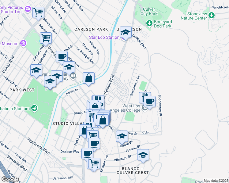map of restaurants, bars, coffee shops, grocery stores, and more near 4909 Indianwood Road in Culver City